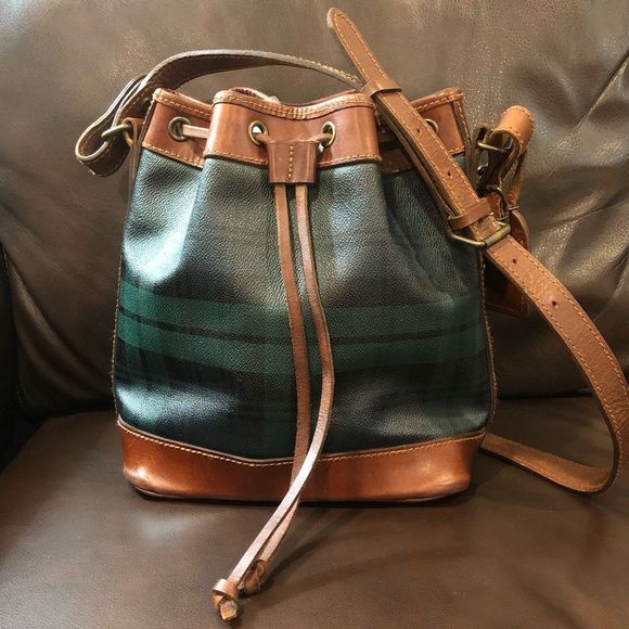 RALPH LAUREN Black Watch Plaid Leather Drawstring Bucket Tote Shoulder Bag - Picture 1 of 17